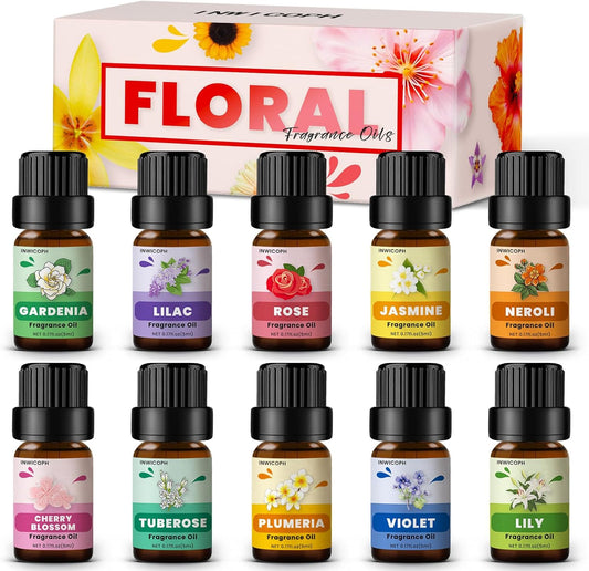 Floral Essential Oils, INWICOPH Flower Fragrance Oil for Candle Making - Rose, Jasmine, Neroli, Gardenia, Lilac, Plumeria and More, Aromatherapy Oils for Diffusers for Home