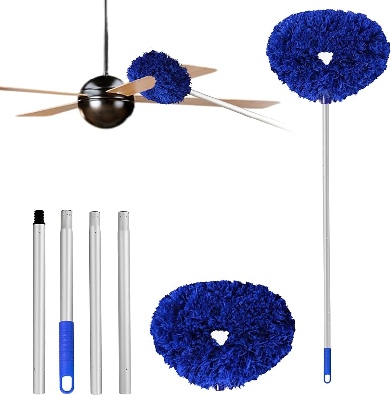 Ceiling Fan Cleaner Duster Reusable Microfiber Ceiling Fan Blade Cleaner Removable Duster with Extension Pole Adjusts 13 to 49.7 Inch for Cleaning Walls Bookshelves Furniture Door Window Top (Blue)