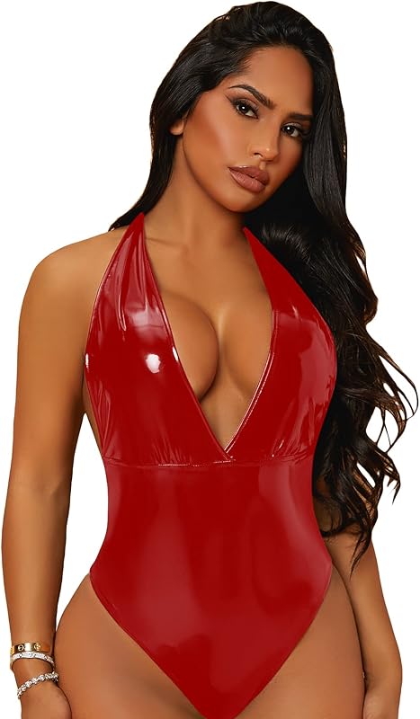 WDIRARA Women's Deep V Neck Sleeveless PU Leather Skinny Bodysuit Halter Top