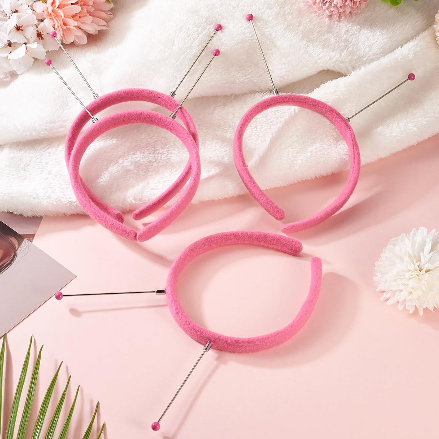Beadthoven 5Pcs DIY Beadable Headbands Cute Fabric Wrapped Plastic Beaded Headbands Elastic Bead Headband for Women DIY Hair Accessories Party Birthday Christmas Decorations Hot Pink