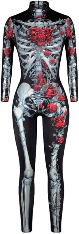 JJEUWE Women's Skeleton Halloween Bodysuit Costume Stretch Skinny Catsuit Jumpsuit