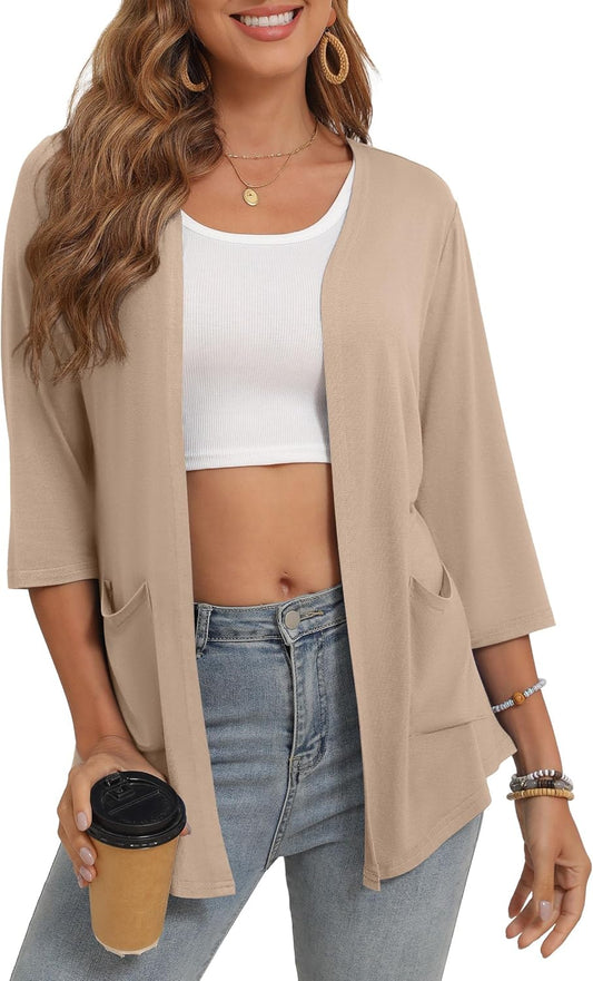 Women's 3/4 Sleeve Open Front Cardigan Casual Loose Lightweight Cardigans with Pockets