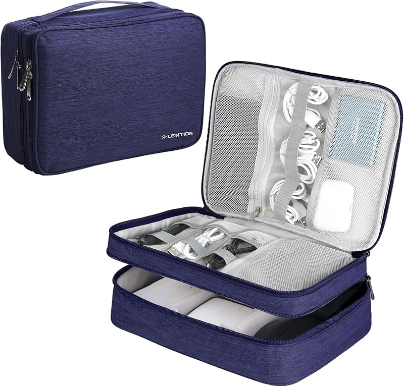 LENTION Cable Electronics Organizer Bag Pouch, Travel Accessories Carry Case Waterproof Double Layers All-in-One Storage Bag Carrying for Cord, Charger, Power Bank, Earphone Black