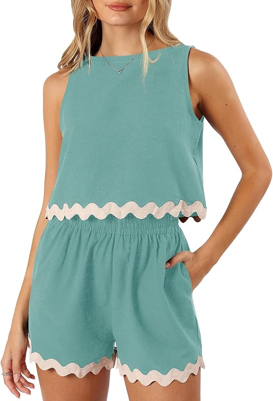 Tankaneo Womens 2 Piece Vacation Outfits Lounge Sets Casual Cropped Tank Tops Shorts Matching Set