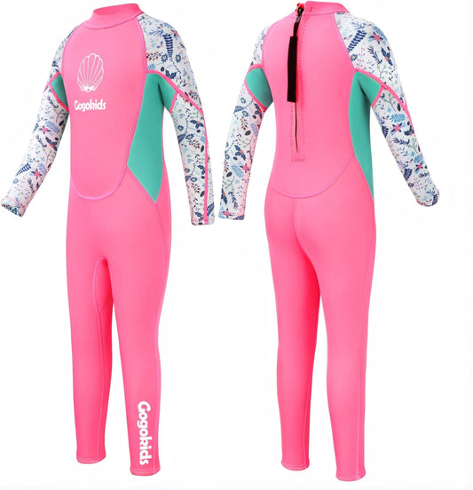Gogokids Kids Wetsuit, Youth 2.5mm Neoprene Thermal Full Wet Suits, Girls Long Sleeve Back Zip Sun Protection Swimsuits for Water Sports, Diving, Swimming, Surfing Lessons, Keep Warm