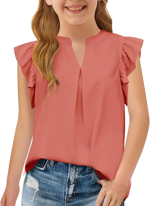 Haloumoning Girls Summer T Shirts Kids Fashion V Neck Ruffle Short Sleeve Tops Blouse 5-14 Years