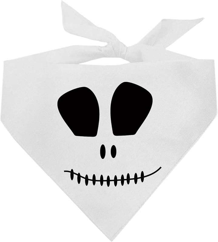Skeleton Face Dog Bandana | 100% Cotton Triangle | Made in USA | Halloween Costume | Jack-O-Lantern | Monster | Pumkin Face | Trick or Treat | Matching | White, One Size (1162)