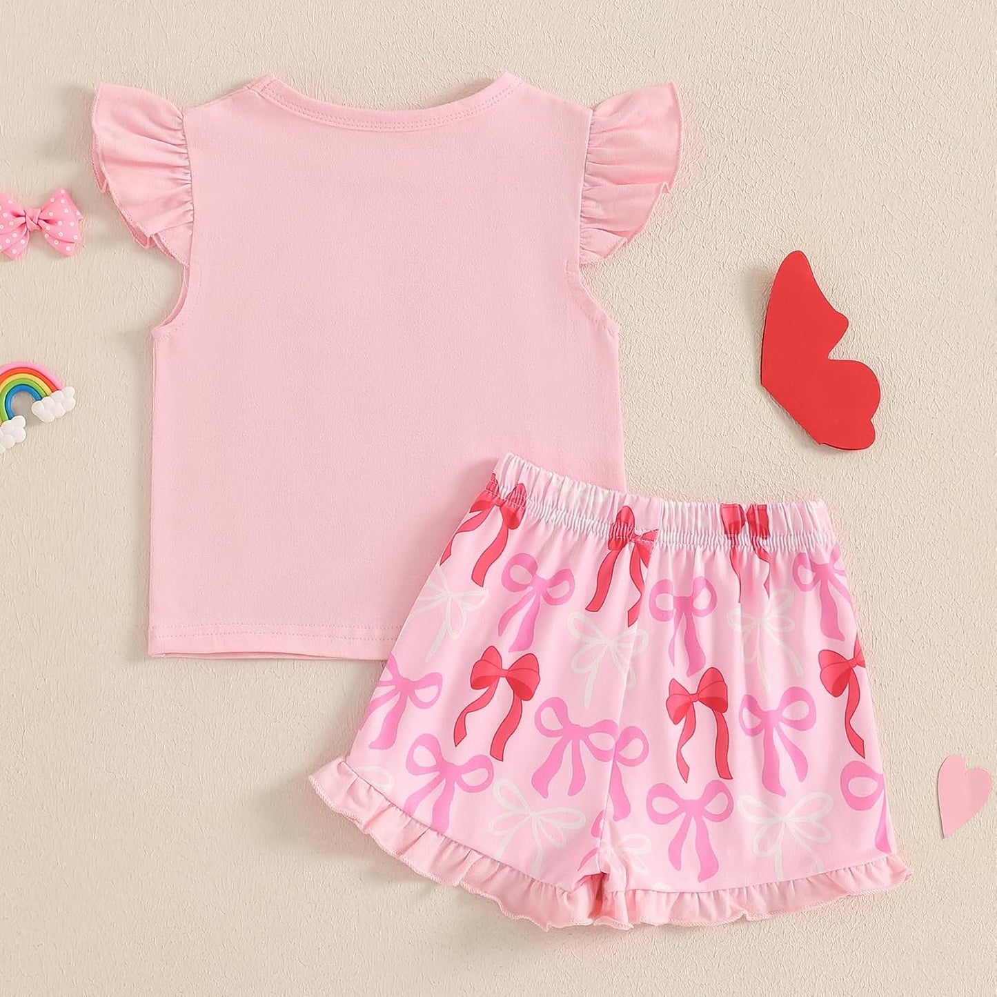 Baby Girls Bow Shorts Set Embroidery Bow Shirt Ruffle Sleeve Tops Bloomer Shorts Toddler Bow Outfit Summer Clothes - TrendyLookz