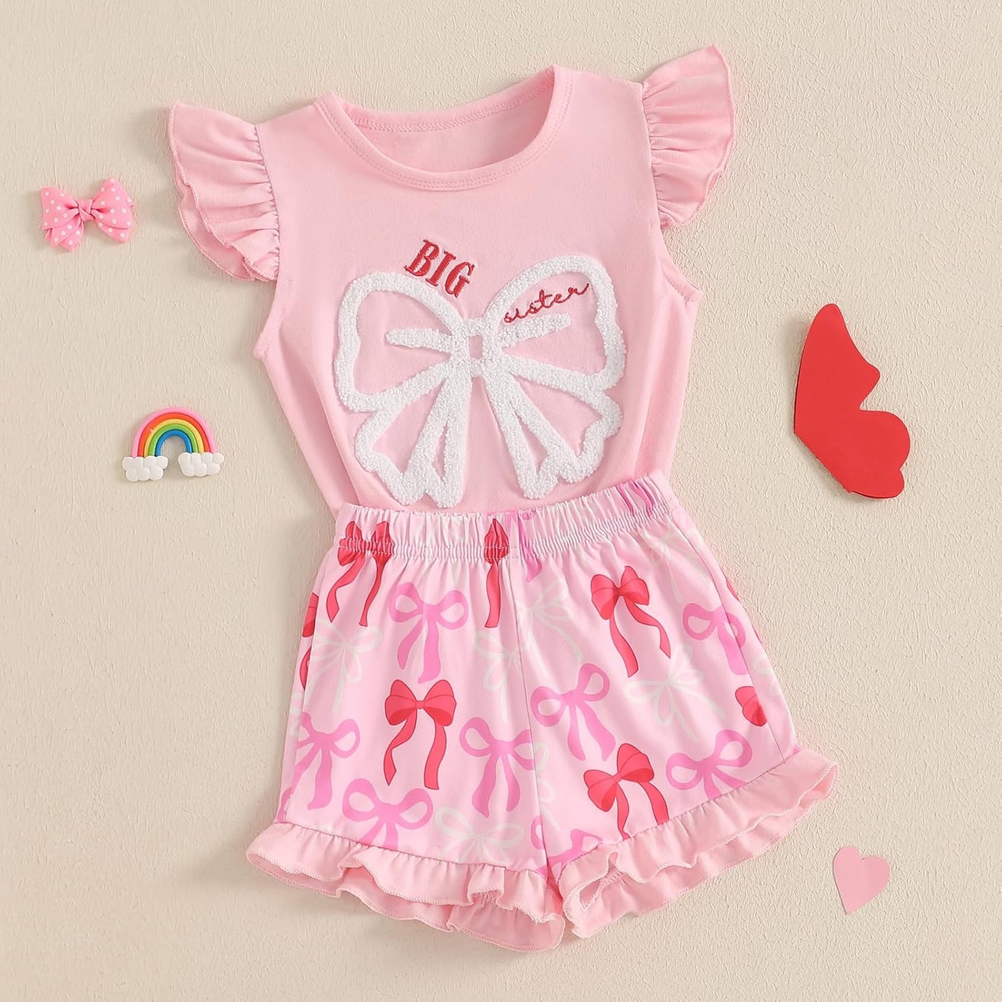 Baby Girls Bow Shorts Set Embroidery Bow Shirt Ruffle Sleeve Tops Bloomer Shorts Toddler Bow Outfit Summer Clothes - TrendyLookz