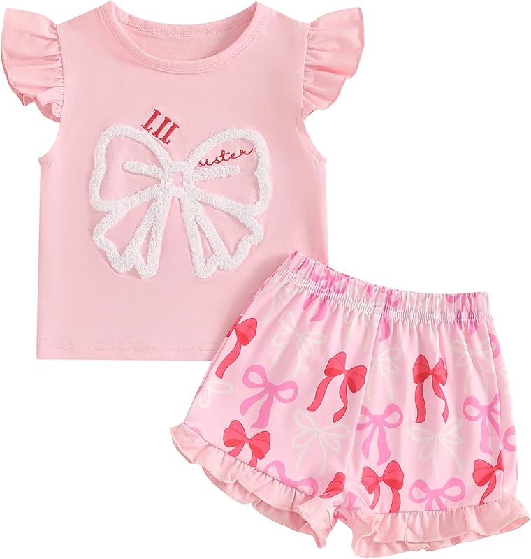Baby Girls Bow Shorts Set Embroidery Bow Shirt Ruffle Sleeve Tops Bloomer Shorts Toddler Bow Outfit Summer Clothes - TrendyLookz