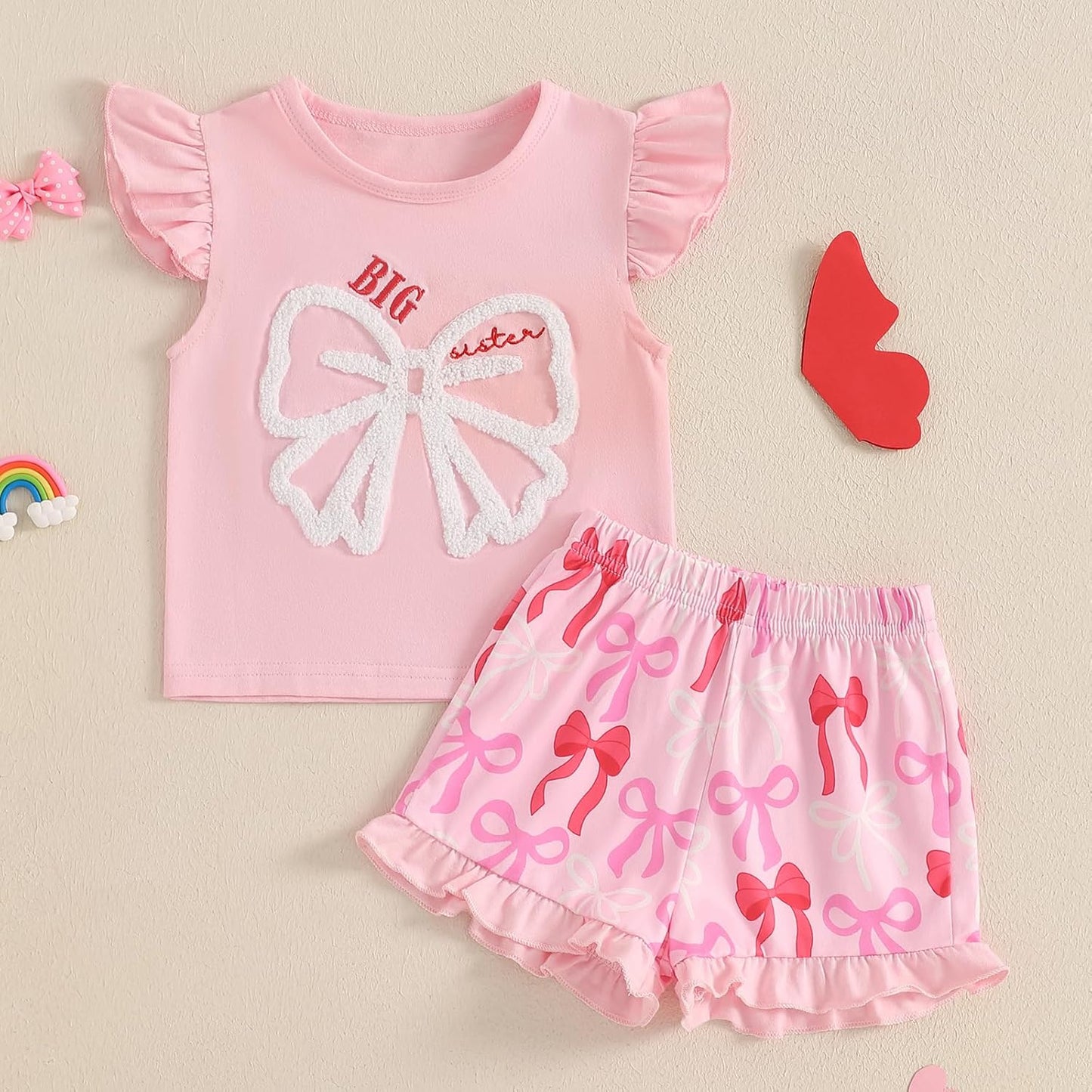 Baby Girls Bow Shorts Set Embroidery Bow Shirt Ruffle Sleeve Tops Bloomer Shorts Toddler Bow Outfit Summer Clothes - TrendyLookz