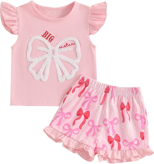 Baby Girls Bow Shorts Set Embroidery Bow Shirt Ruffle Sleeve Tops Bloomer Shorts Toddler Bow Outfit Summer Clothes - TrendyLookz