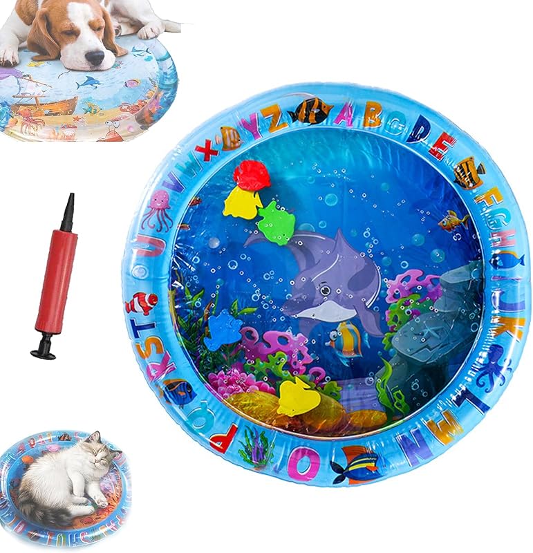 Pet Water Bed, Thickened Water Sensory Play Mat for Cats Dog, Waterbed Toy with Fish, Washable Inflatable Playmat, Puncture Proof Cooling Mat for Pet, Feel Cool Comfort (Large Round Model C)