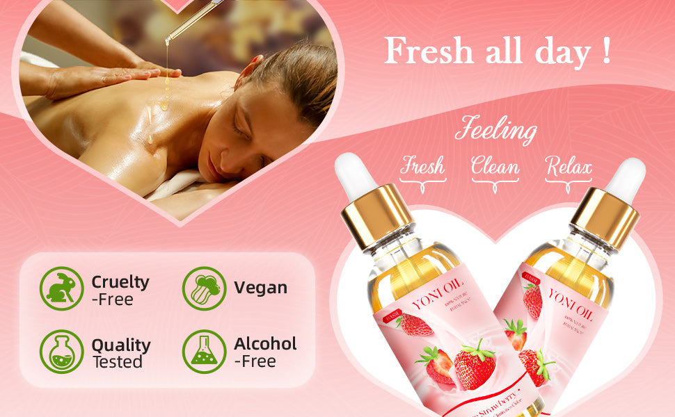 2 Packs Yoni Oil for Women - Strawberry Fresh Feminine Care Oil - All Natural Vaginal Oil Essential Oils, Reduces Odor, Restores pH Balance and Wetness, 1 fl oz/pc