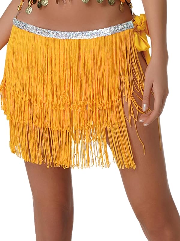 Women Belly Dance Skirt Tassel Fringe Skirts Sparkly Sequin Hip Scarf Party Costume