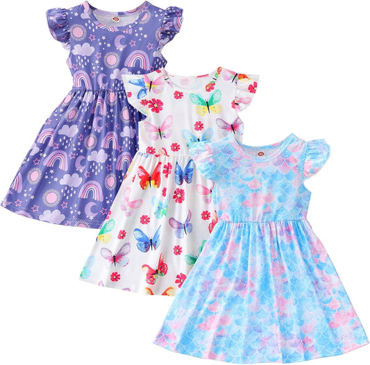 Toddler Little Girls Casual Dresses Short Sleeve Crew Neck Graphic Cartoon Dress for 2-8 Years