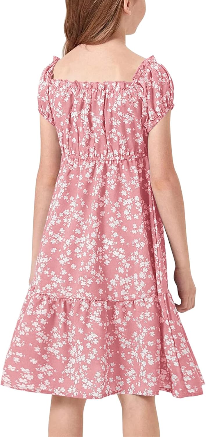 Haloumoning Girls' Dresses Square Neck Floral Dress Dresses Summer Puff Sleeves A-line Midi Dress Kids Party Dress