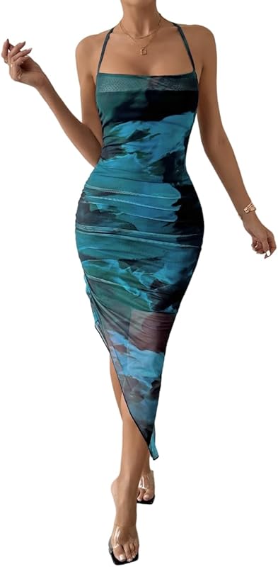 SOLY HUX Women's Tie Dye Cowl Neck Split Hem Bodycon Cami Dress Backless Long Dresses