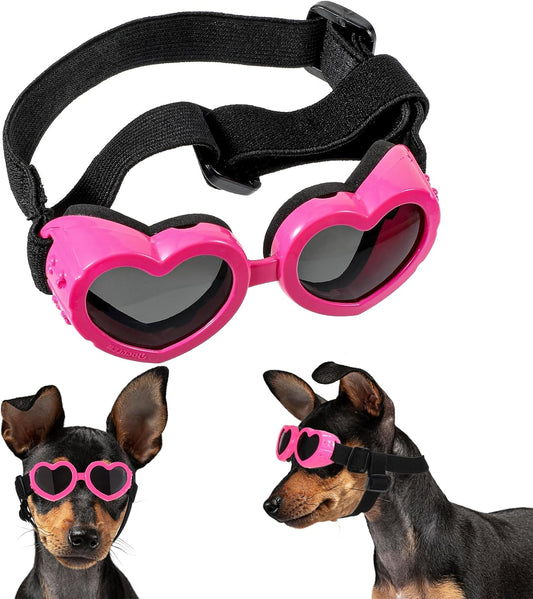 Small Dog Sunglasses UV Protection Goggles Eye Wear with Adjustable Strap, Heart Shape Anti Fog Windproof Glasses Pink Pet Sunglasses for Outdoor Activities and Photo Props