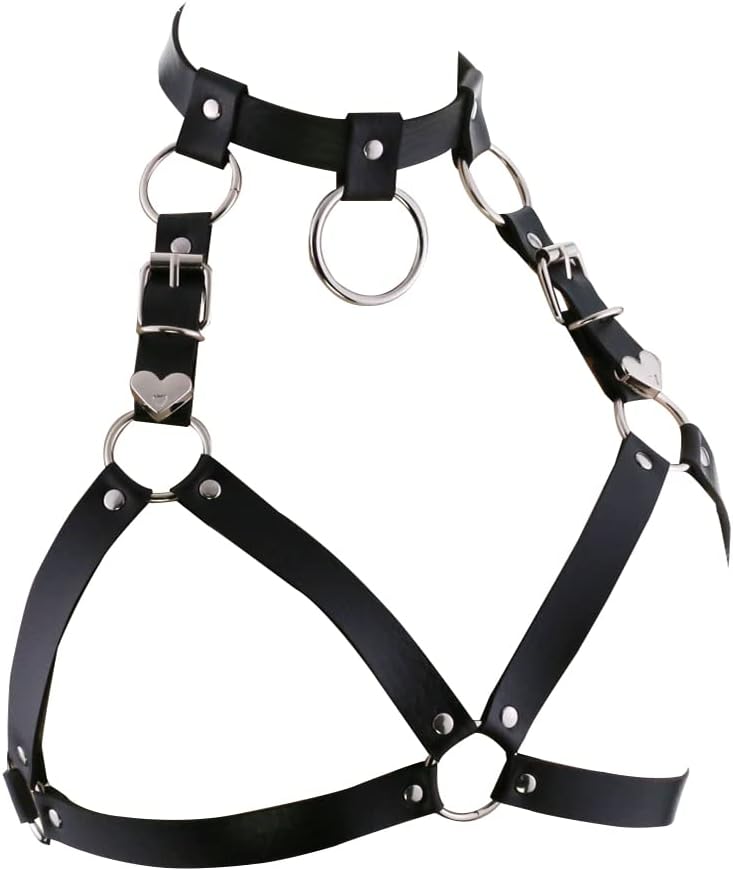 Leather Chest Straps Harness Body Chain Heart Harajuku Punk Caged Bra Waist Belts with Choker Collar for Women Rave Outfits