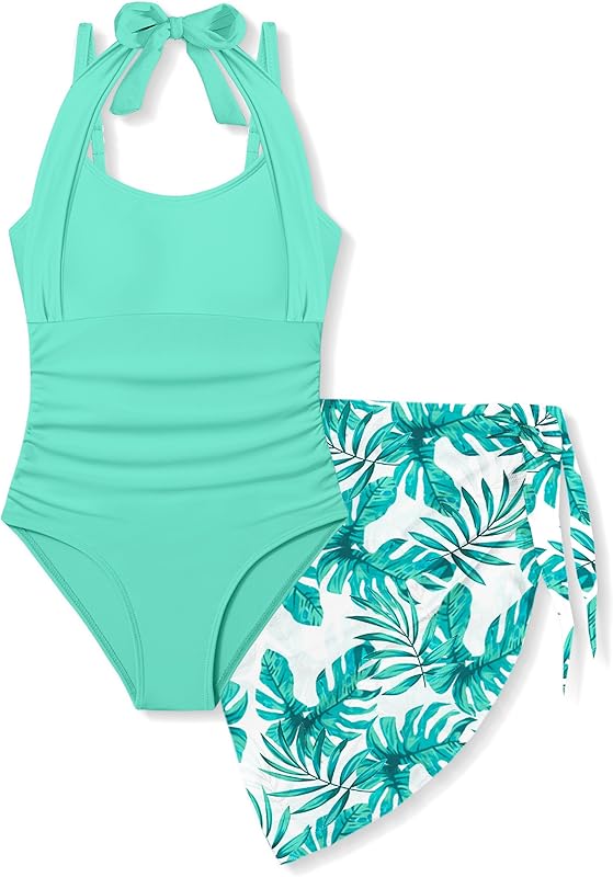 Girls Swimsuit Halter Neck One Piece Bathing Suit with Tropical Printed Cover Up Skirt Girls' Swimwear Set 7-18Y