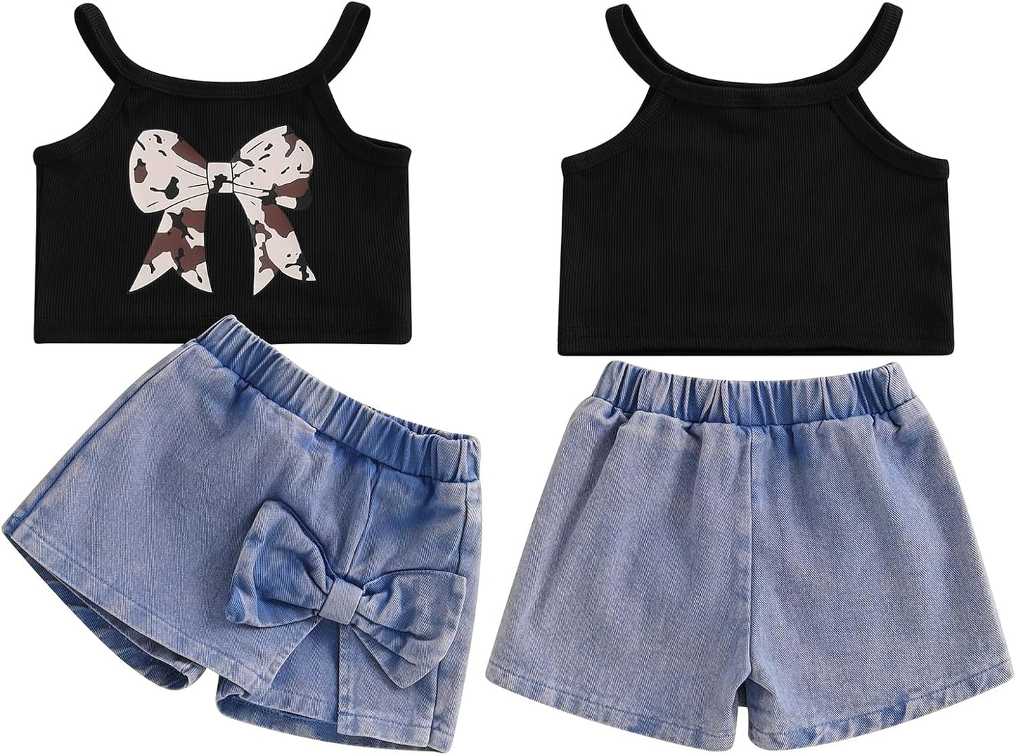 Emmababy Toddler Girls Denim Shorts Set Ribbed Crop Tank Top Sleeveless Bow Jean Shorts Skirt Western Baby Summer Clothes