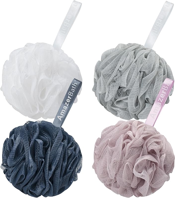 AmazerBath Loofah Sponge 75g/Piece, Exfoliating Bath Sponge Body Scrubber - Loofa Set of 4 Flower Color (Large, Green-Purple)