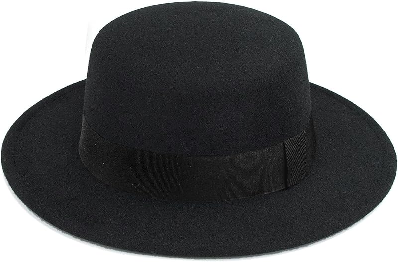 Classic Black Flat-Top Fedora Hat Wide-Brim Pork-Pie Hat Boater Hat Church Dery Cap for Women Men