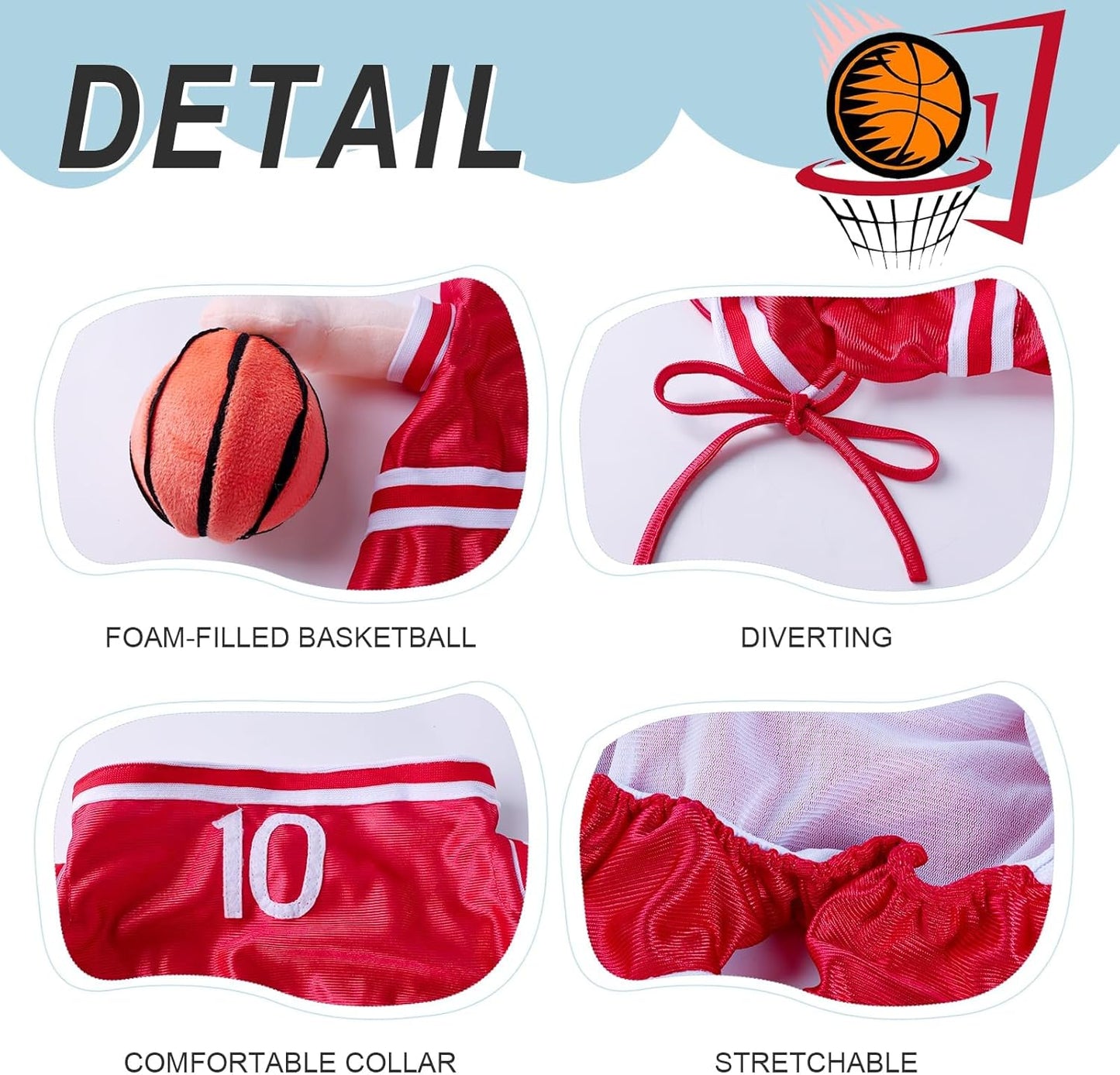 DELIFUR Dog Basketball Player Costume - Pet Halloween Costume Adjustable Funny Dress Up Sports Outfit Cosplay Clothes for Small Medium Dog (Red Basketball, Medium)
