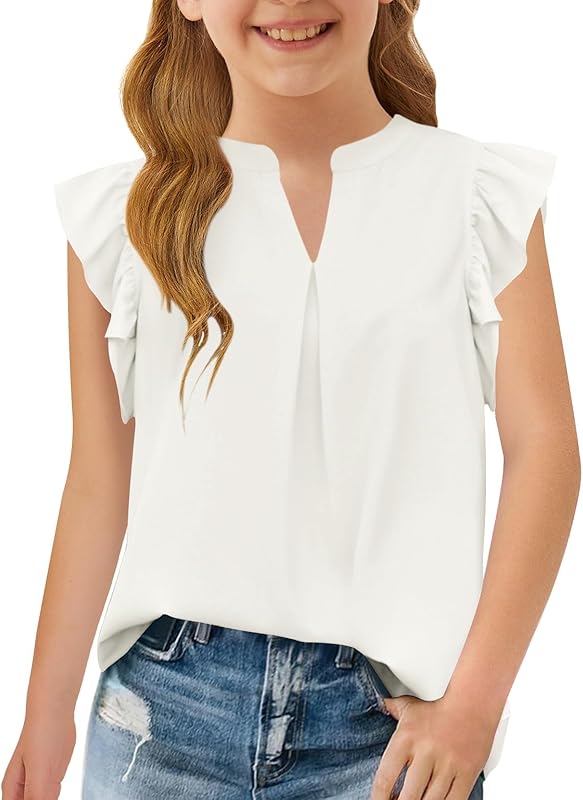 Haloumoning Girls Summer T Shirts Kids Fashion V Neck Ruffle Short Sleeve Tops Blouse 5-14 Years