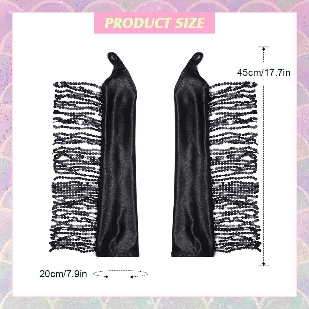 Women 1920s Tassel Glitter Long Gloves Sequin Opera Fingerless Glove Rave Party Satin Arm Sleeves(Black)