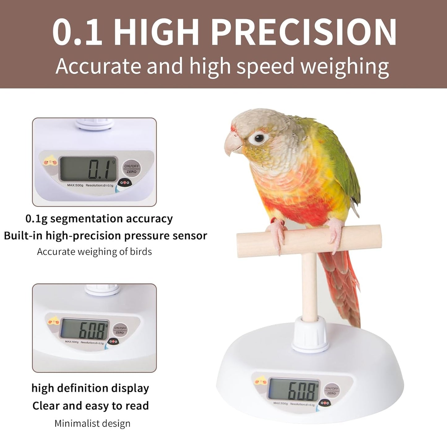 Pet Scale for Birds, Parakeet Weight Scale, HD Backlit Display Capacity 1.1lbs(500g) High Accuracy 0.1g Scale Easy Install Bird Training Stand and Perch Designed for Small Birds & Reptiles