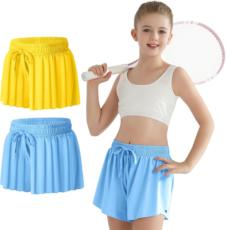 Girls Flowy Athletic Shorts with Pocket Kids Spandex 2 in 1 Drawstring Butterfly Skorts for Cheer, Dance, Running