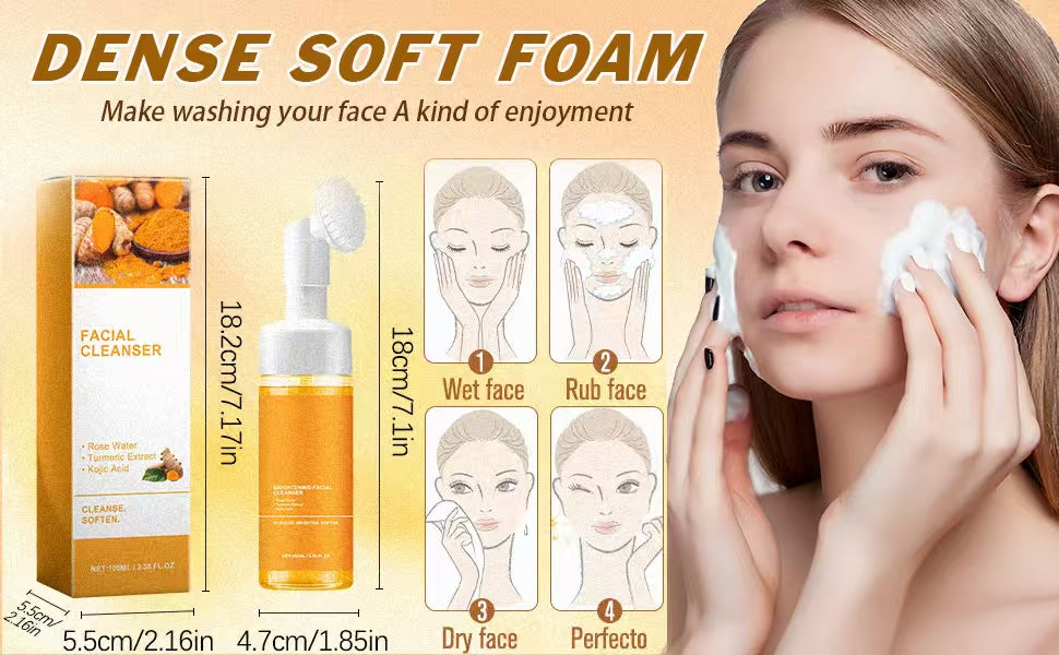 2pcs Glow Wash Face Wash With Brush,Turmeric Facial Wash, Turmeric Foaming Cleanser for All Skin