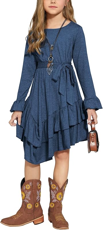 Arshiner Girls Dresses Loose Plain Casual Ruffle Swing Midi Dress with Belt for 5-14 Years