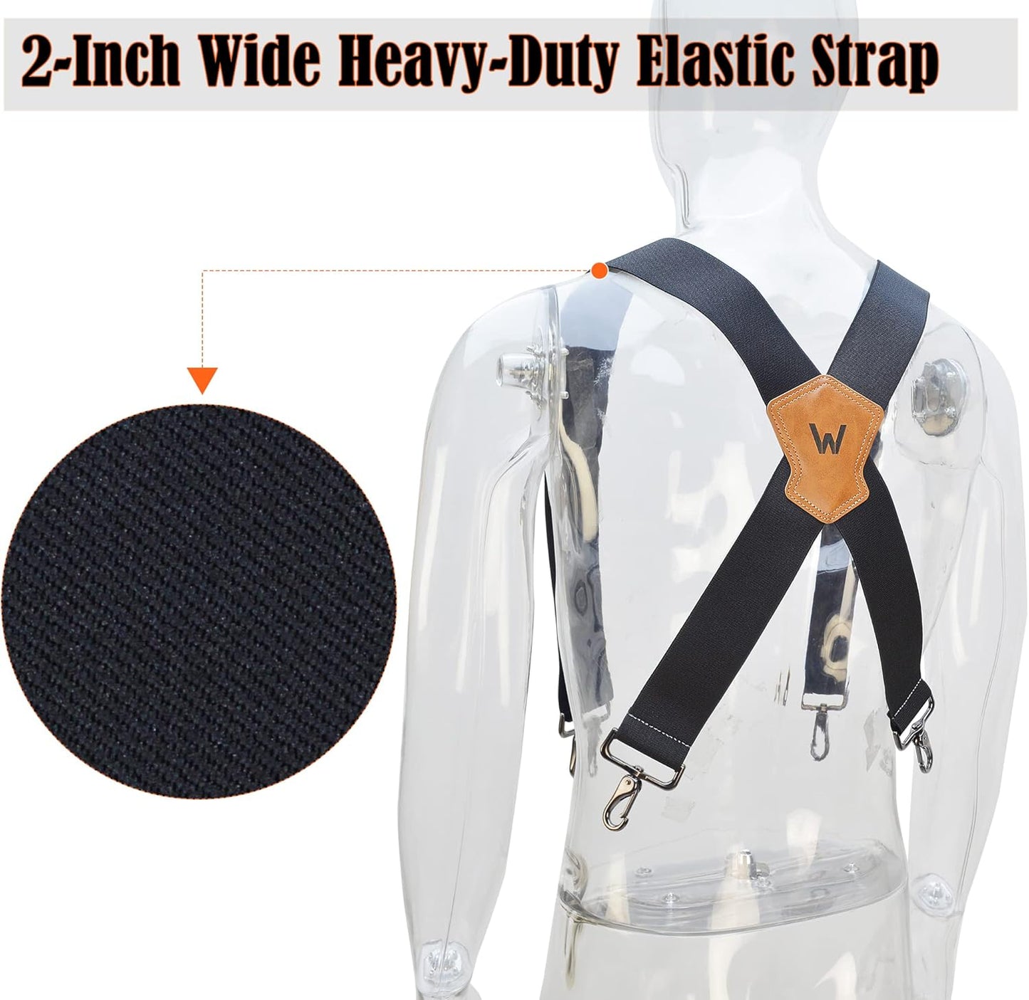 WELKINLAND 2Inch-Wide Full Elastic Suspenders, Heavy Duty Men's Work Suspenders with Hooks