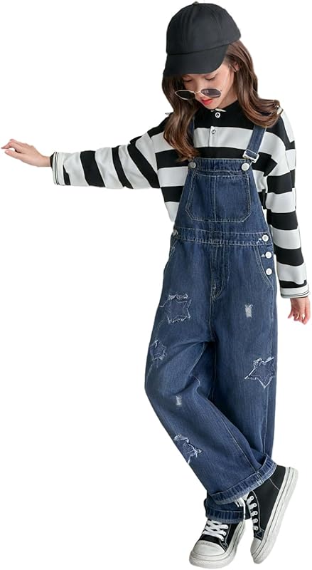 Rolanko Girls Overalls Denim Bib Distressed Jumpsuit Kids Blue Baggy Jean Pants 4-14 Years with Pockets