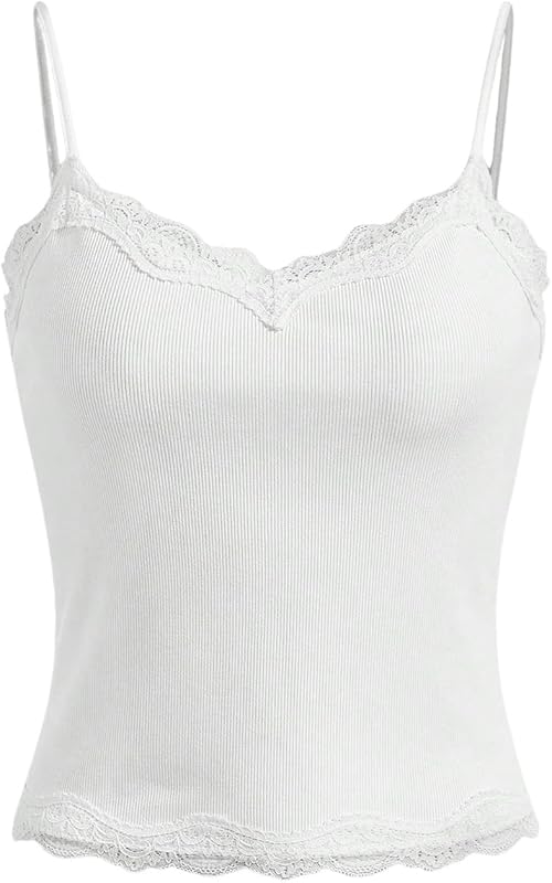 SOLY HUX Girl's Sleeveless Lace Trim Camisoles Spaghetti Strap Ribbed Crop Tank Tops