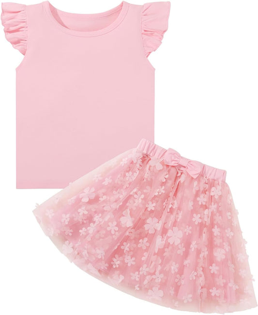 Naiyafly Girls Tulle Skirt Set Toddler Girls 2 Piece Outfits Kids Two Piece Ruffle Sleeve T-Shirt Bow Knot Tutu Dress Costume Birthday Party Outfit 3-8 Years