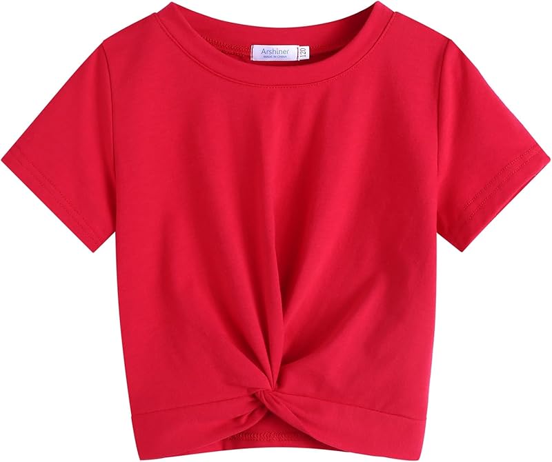 Arshiner Girls T-Shirts Twist Front Kids Summer Printed Round Neck Short Sleeve Tops Casual Fashion Tee Shirt for Girls 5-12 Years