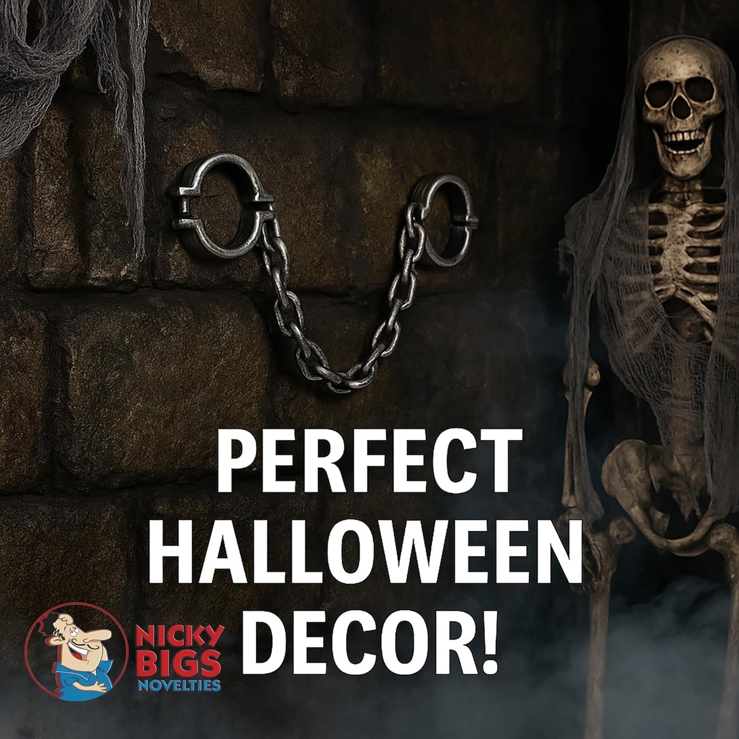 Nicky Bigs Novelties Plastic Shackles with Chain 34.5" Fake Handcuffs Prop for Prisoner Ghost Dungeon Halloween Costume Haunted House Decor Lightweight Adult Accessory