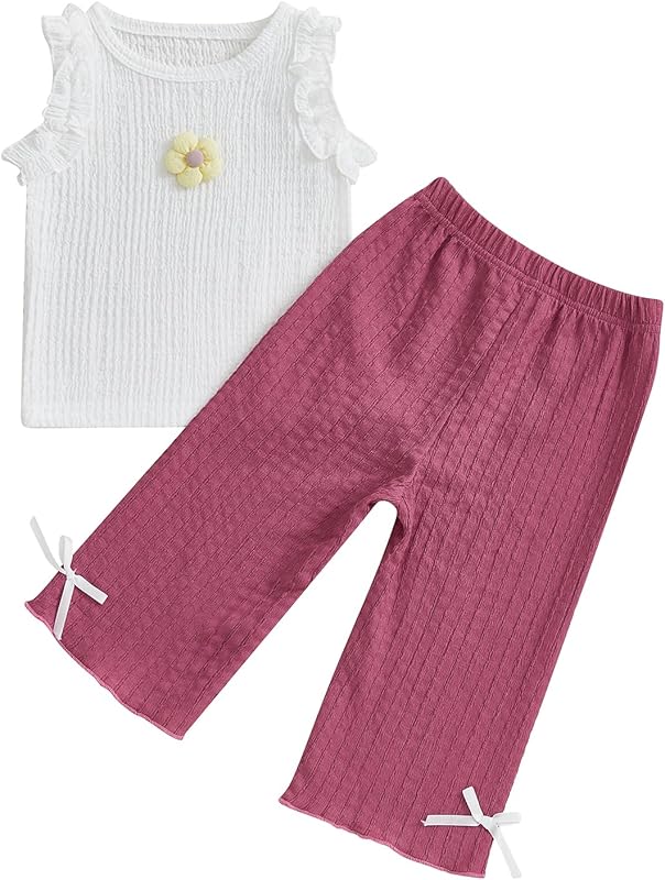 Baby Girl Boy Summer Outfits Sleeveless Ruffle Tank Tops + Bow Pants Set 6 12 18 24 Months 2 3 4 T