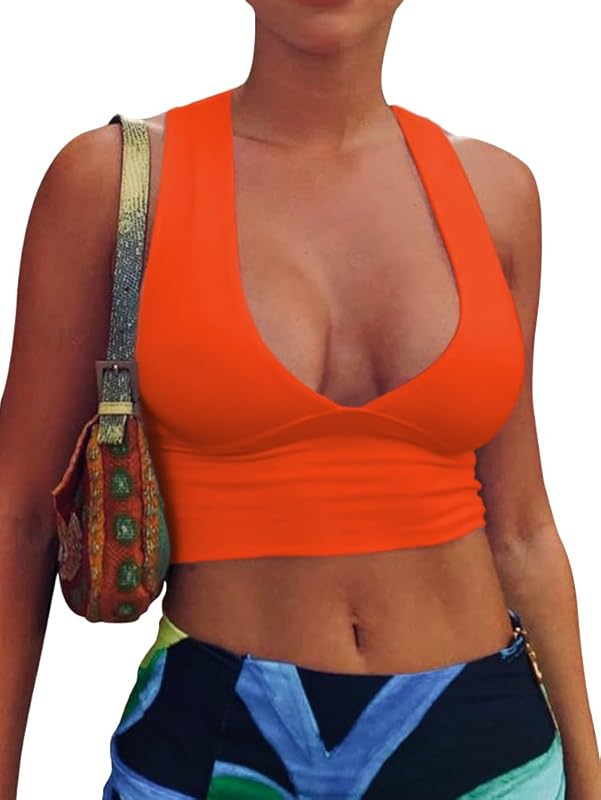 AEPEBO Sexy Crop Tops for Women Deep V Neck Back Cutout Sleeveless Plunge Racerback Tank Cropped Top