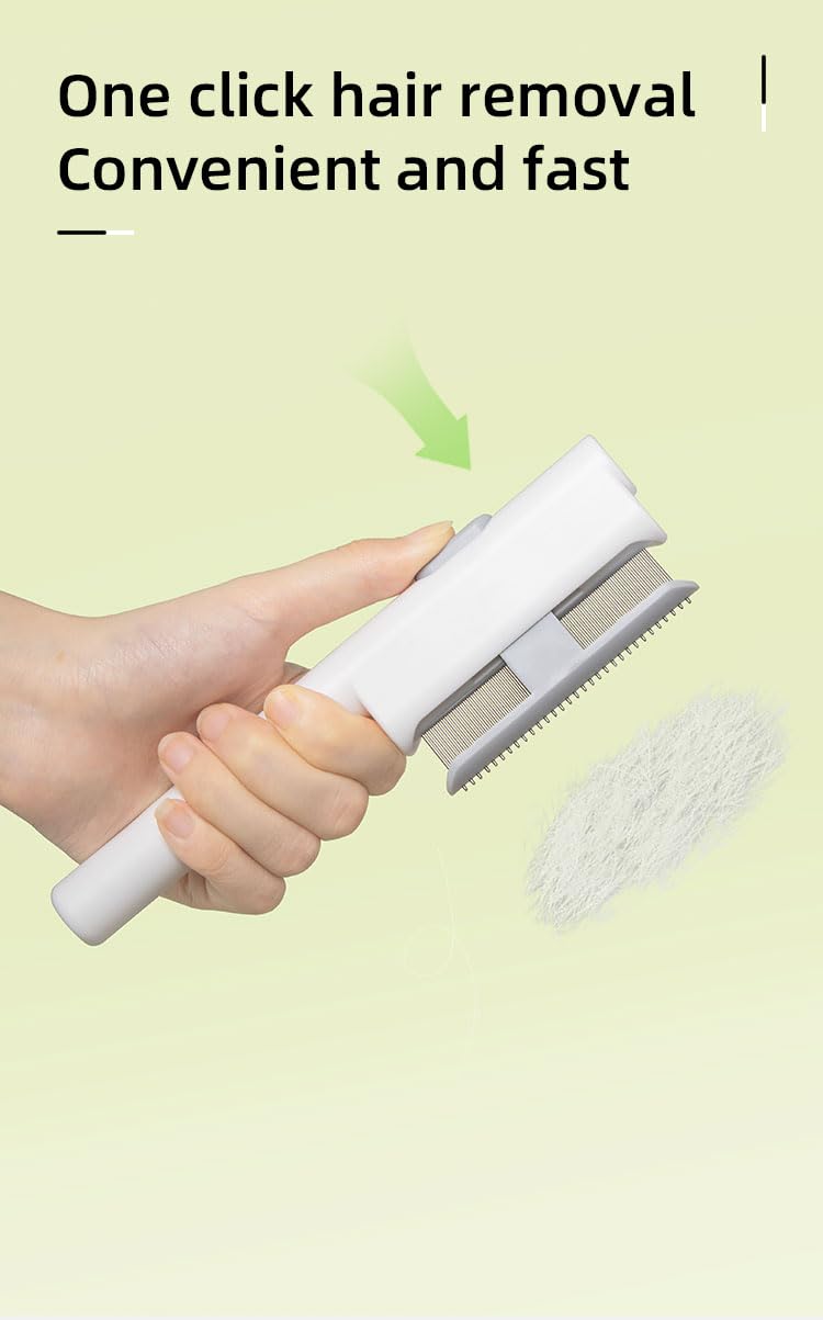 Cat Shedding Comb for Long Haired Cats, Dog Combs for Grooming Matting, Metal Pet Comb for Indoor Cat or Small Dogs, Release Button Self-Cleaning, Long & Short Stainless Steel Metal Teeth, White