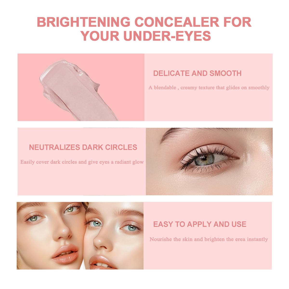 Under Eye Brightener, Concealer Full Coverage for Dark circles, Lightweight Radiant Cream Under Eye Concealer (Light Pink, 1 PC)