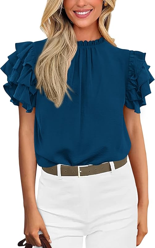 KIRUNDO Womens Blouse 2025 Spring Summer Dressy Casual Ruffle Short Sleeve Frill Mock Neck Work Shirt Tops Fashion Clothing