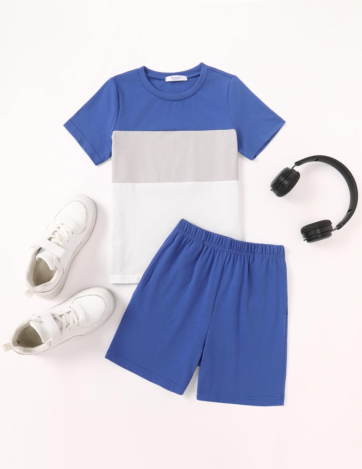 Arshiner Boys' 2-Piece Cotton Outfit Color Block T-Shirt and Shorts Set Casual Summer Clothes for Kids 6-14 Years