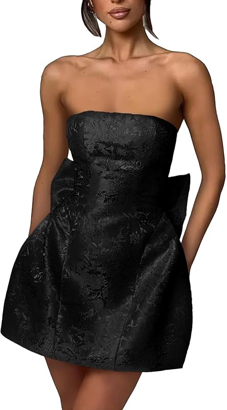 Xijun Short Jacquard Satin Homecoming Dresses for Teens Strapless Embroidery Mini Prom Cocktail Party Gown with Bow