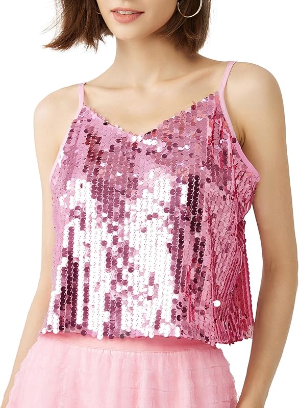Women's Sequin Tops - V-Neck Sparkle Tank Tops - Spaghetti Strap Shimmer Camisole Party Club Cocktail Cami