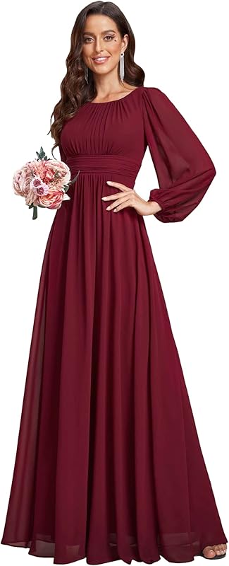 Ever-Pretty Women's Crewneck Long Lantern Sleeves Floor Length A-Line Pleated Chiffon Formal Dress 0106B